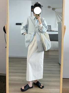 自制日系工装风直筒半身裙女学生高腰气质复古中长款白色包臀裙夏