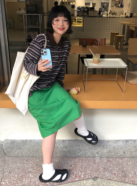 日系复古翠绿色简约直筒半身裙女夏学院风甜美遮胯显瘦中长包臀裙