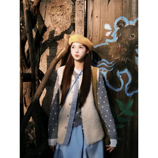 自制日系复古奶白色羊羔毛保暖马甲女秋冬两面穿宽松无袖 外搭马夹