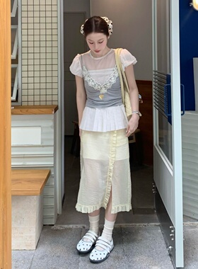 自制韩版甜美奶油黄荷叶边开叉半身裙夏法式温柔风小众微透A字裙