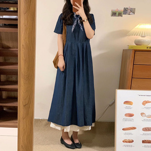 自制甜美日系复古牛仔裙连衣裙女学生韩系复古显瘦小个子圆领长裙