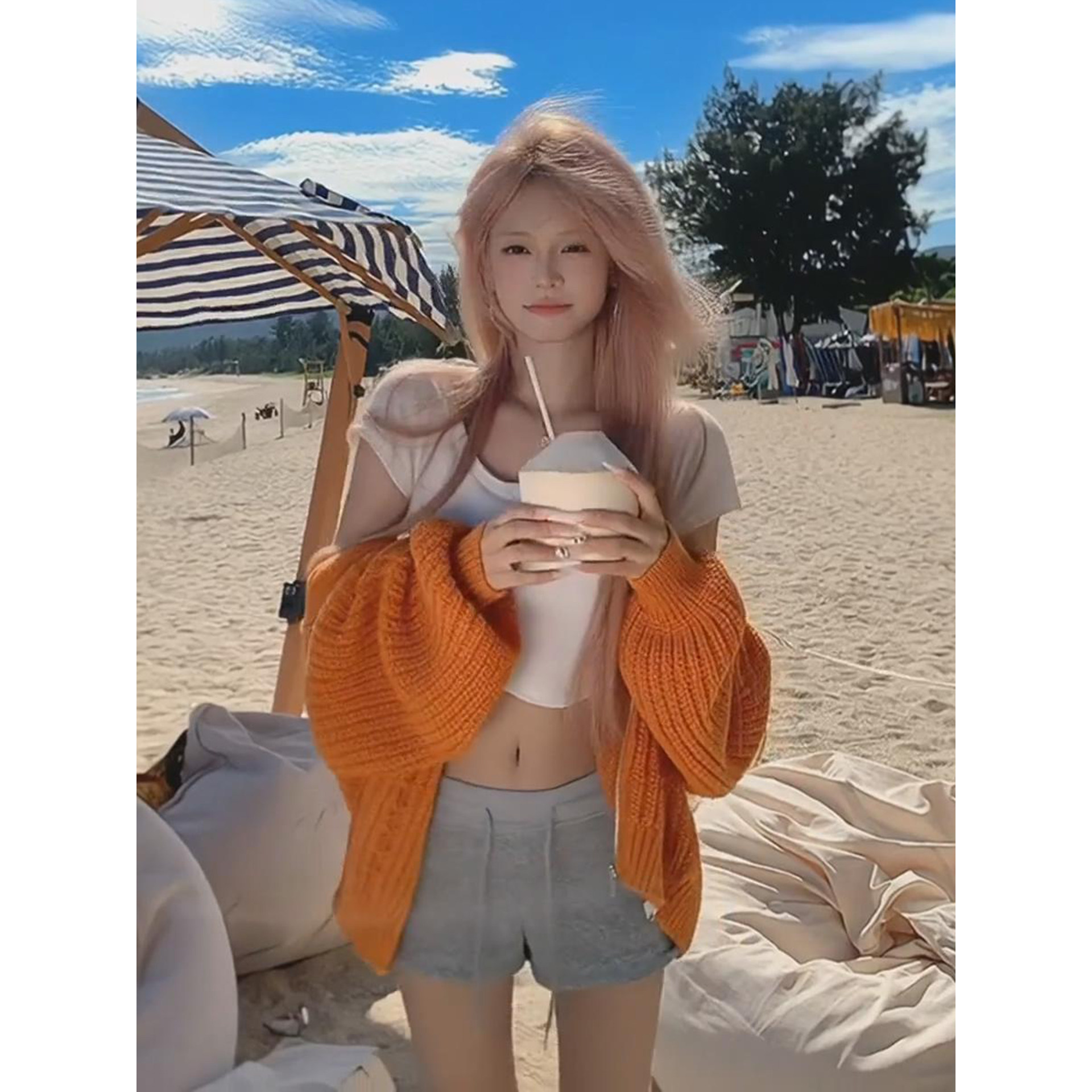 软糯慵懒风南瓜橘色连帽毛衣外套