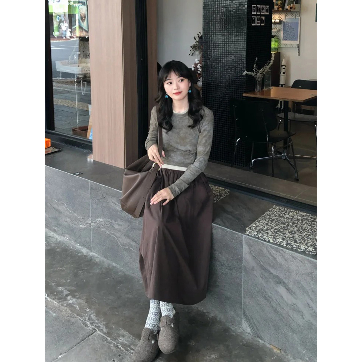 自制日系工装风咖啡色半身裙女秋学院风文艺甜美高腰百搭a字伞裙