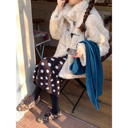 自制日系琥珀流光风棕色波点针织中长裙女秋冬加厚过膝毛衣半身裙