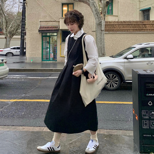 风背带连衣裙女黑色可爱甜美小个子学院风无袖 自制日系工装 背心裙