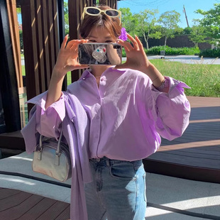 韩里韩气日系长袖衬衫女夏全棉2025小众设计高级感浅紫色防晒衬衣