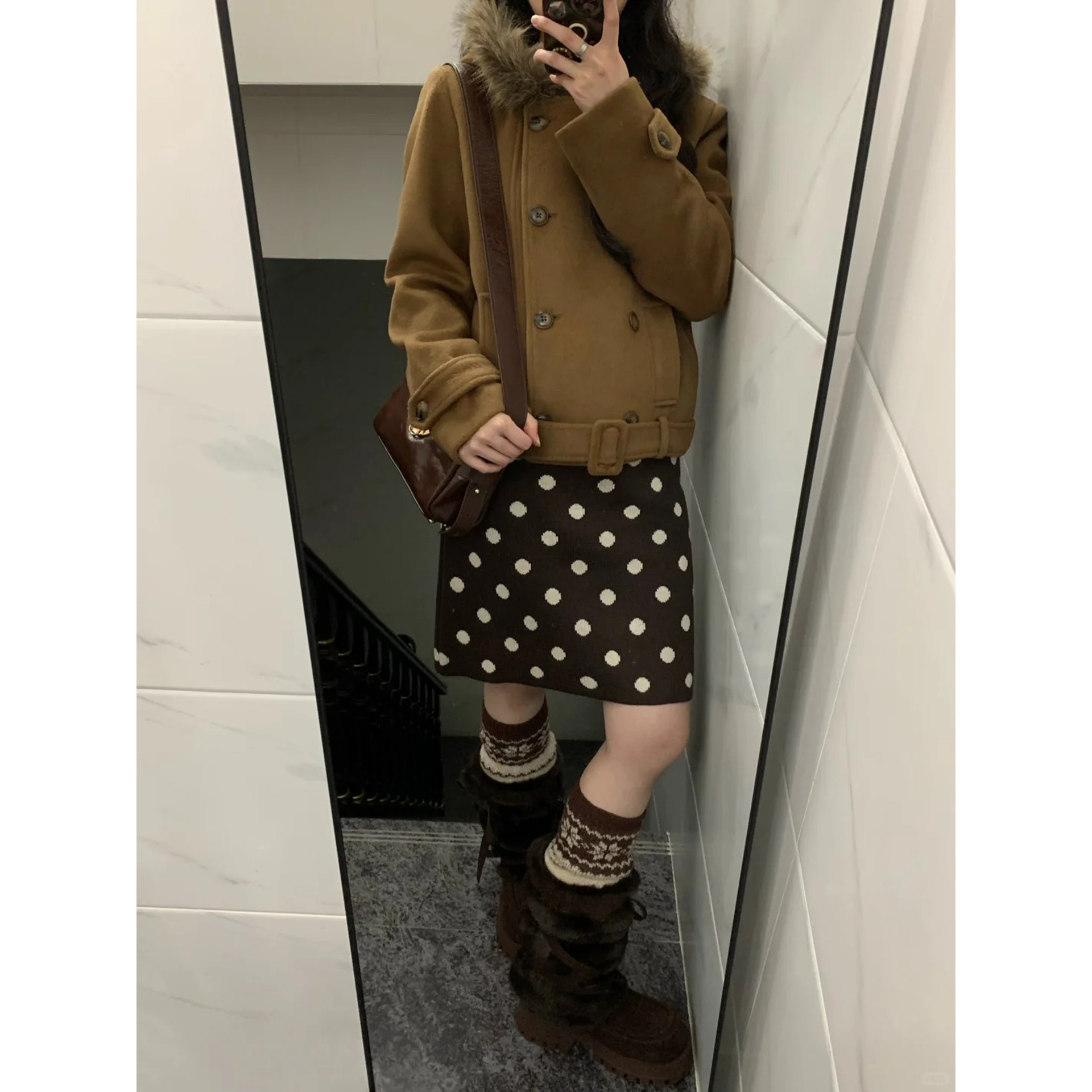 自制日系小个子咖色波点针织中裙女秋冬学生复古毛衣直筒半身短裙