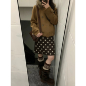 自制日系小个子咖色波点针织中裙女秋冬学生复古毛衣直筒半身短裙