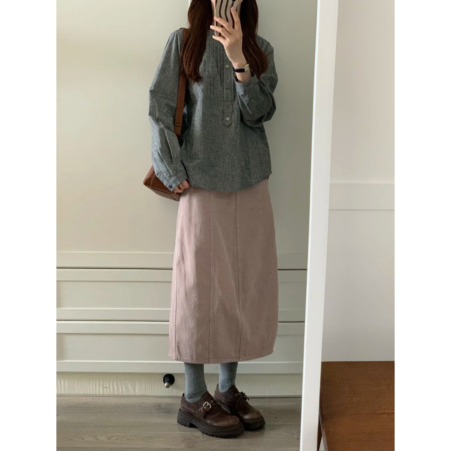 自制日系工装风暗粉色高腰半身裙女秋拼接设计感中长款牛仔花苞裙