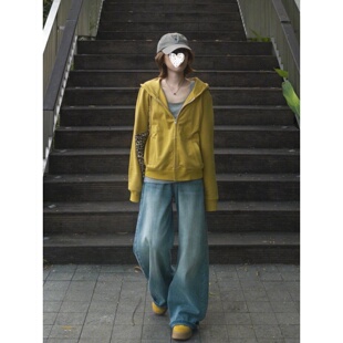 自制日系学院风复古芥黄色连帽卫衣女秋季松弛感休闲百搭开衫外套