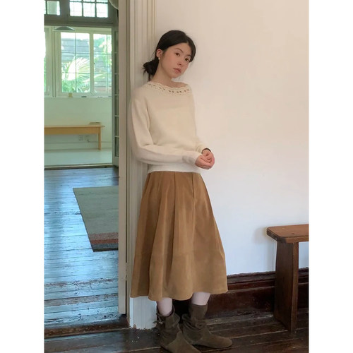 日系复古卡其色麂皮绒a字裙女