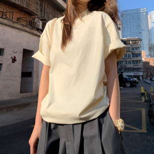 自制甜美日系奶杏色短袖T恤女圆领宽松显瘦学生纯棉简约纯色上衣
