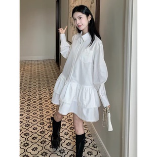 日系重工设计感白色双层拼接衬衫裙少女学生长袖连衣裙花边蛋糕裙