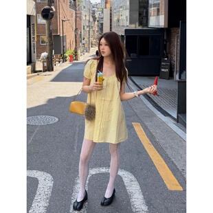 自制日系柠檬黄色甜美U领短袖衬衫裙韩系温柔显瘦小个子连衣裙夏
