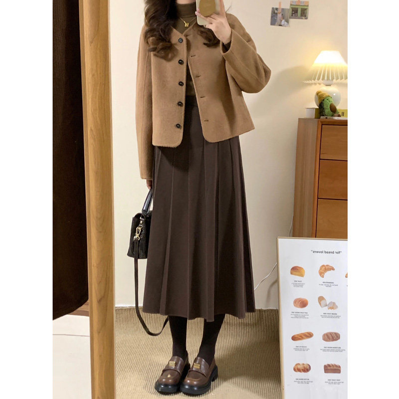 自制美拉德咖啡色复古气质百褶裙