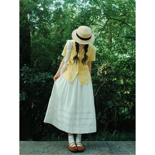 甜美日系米白色压褶拼接中长裙女夏小众设计感高腰大摆伞裙半身裙