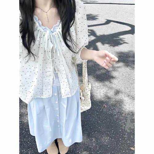 日系baby蓝单排扣半身裙女