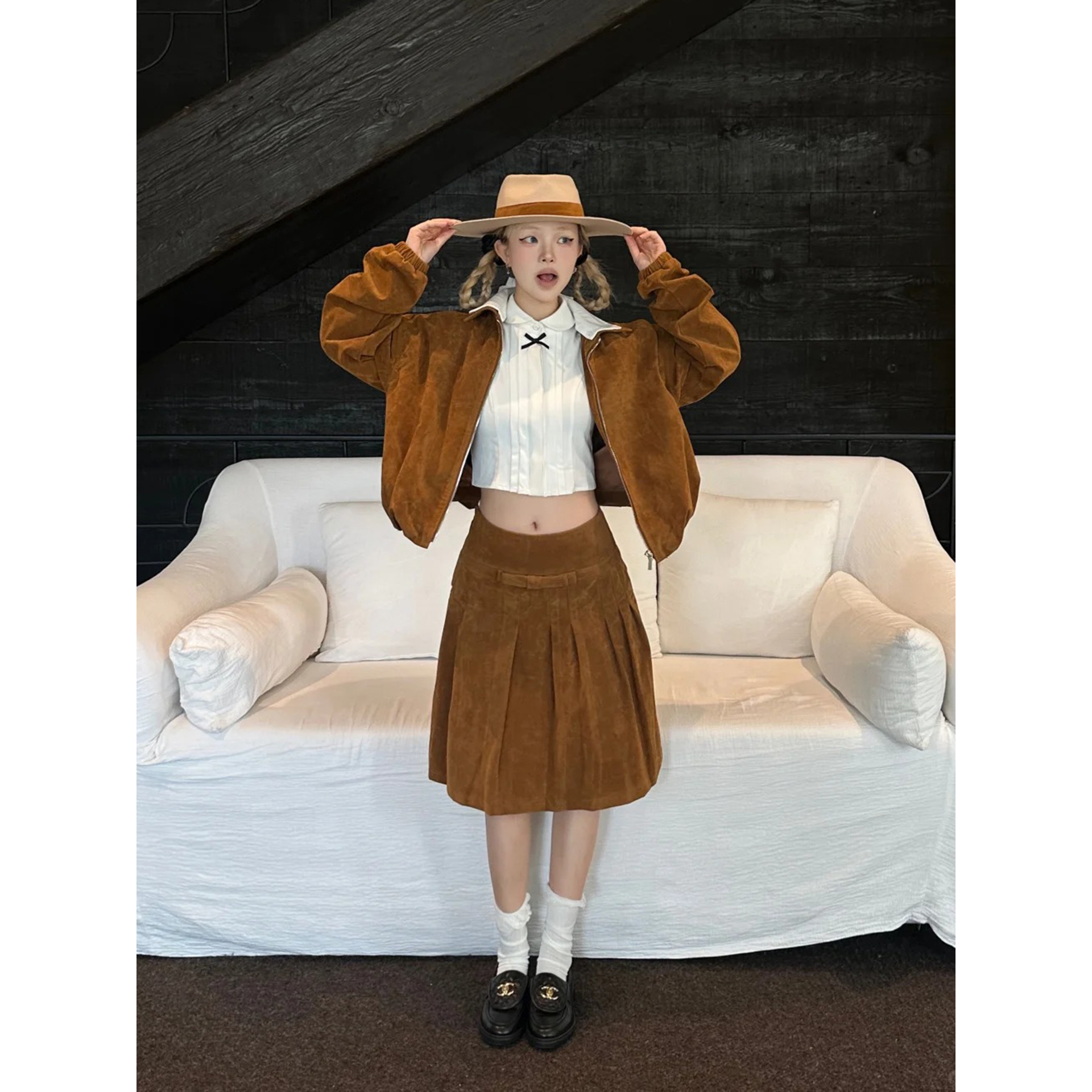 复古巴恩风日系棕色鹿皮绒半身裙女秋季高级感气质鹿皮绒高腰中裙