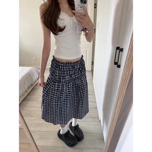 自制日系学院风格 纹半身裙女夏复古辣妹设计感高腰褶皱格子中长裙