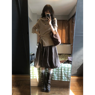 琥珀流光风日系棕色花苞裙女秋学院风小众设计感高腰咖色半身中裙