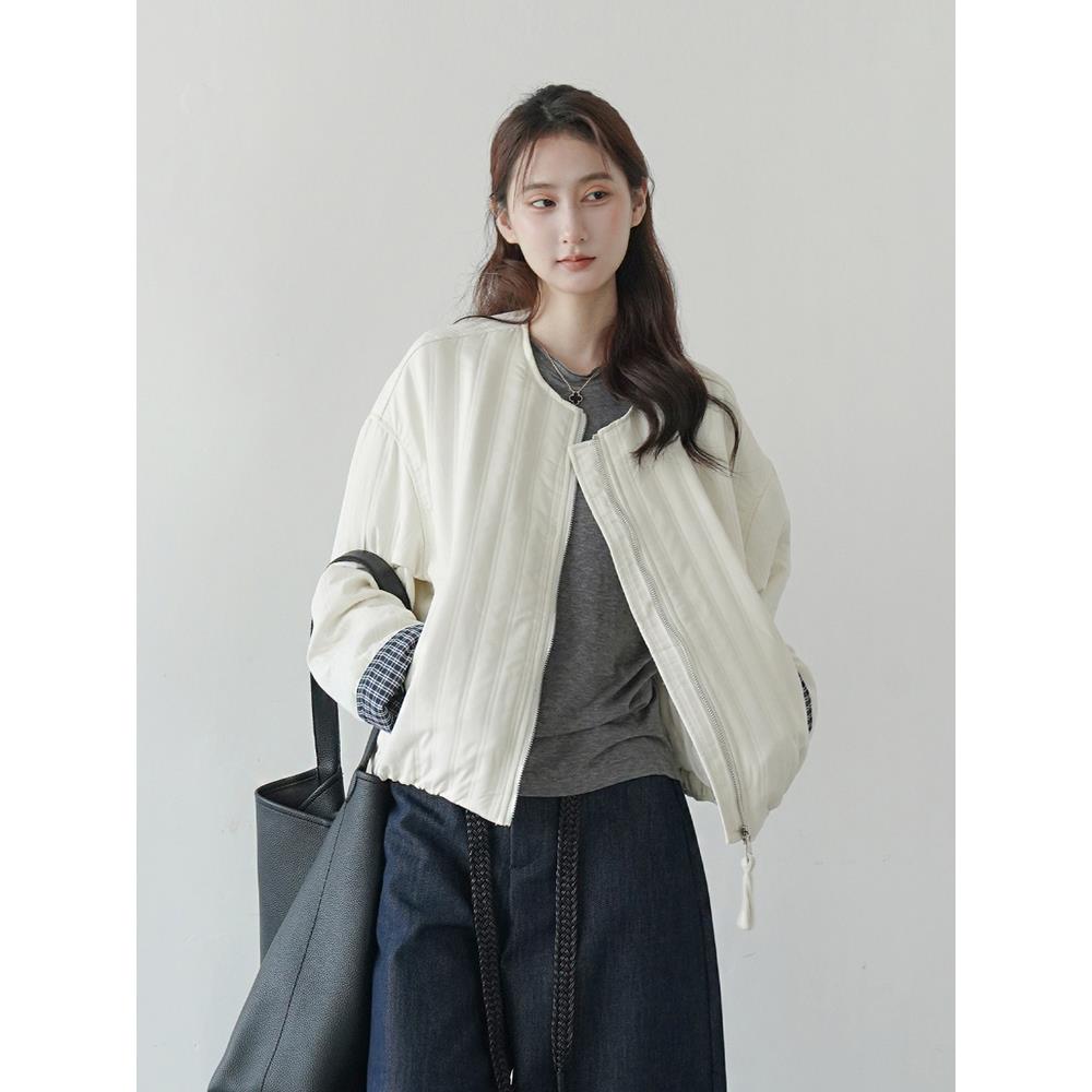 2025秋冬季拼接格子棉服白色小个子棉衣短款宽松夹棉外套棉袄女款