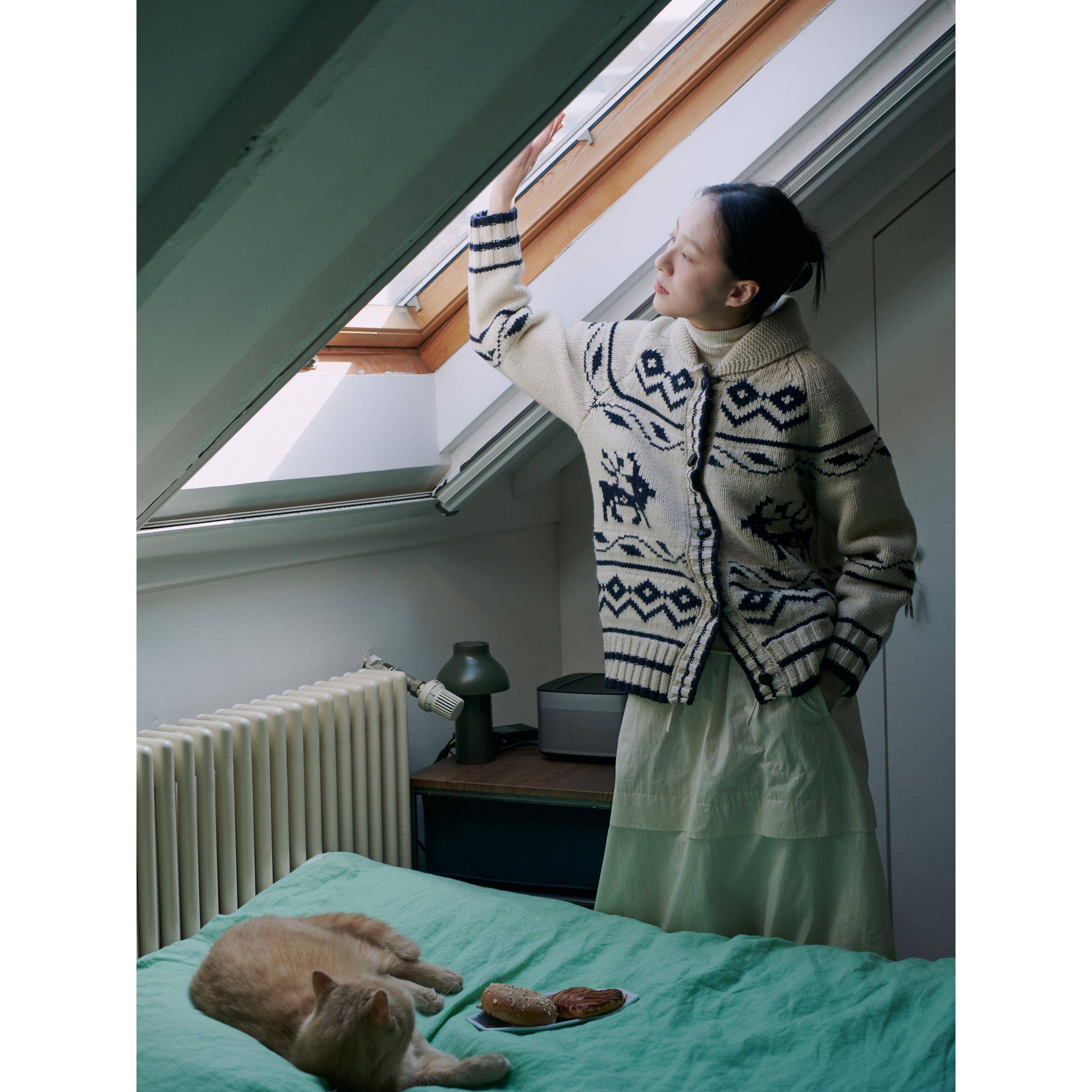 一方二集 覆古北欧粗棒针麋鹿提花全羊毛针织开衫加厚大毛衣外套