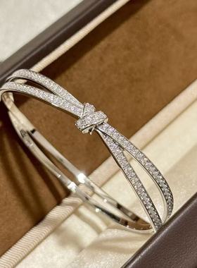 S925纯银 交叉缘系结缘丝带蝴蝶结手镯轻奢镶钻闪钻百搭高级手镯