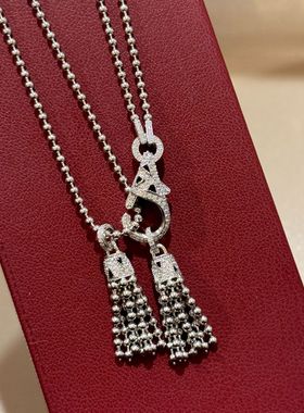 S925纯银 豹纹斑点流苏满钻龙虾扣珠珠双层项链毛衣链多种戴法