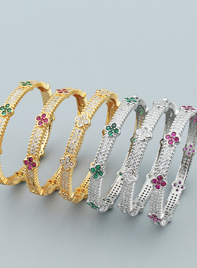 时尚百搭幸运四叶草手镯戒指套装微镶混色锆石轻奢气质手饰品