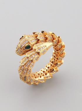 欧美风霸气夸张蛇形开口戒指男女情侣镀金色满镶锆石蛇头指环
