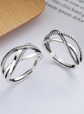 S925纯银欧美简约冷淡风不规则线条款缠绕时尚开口戒指女