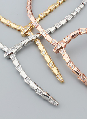 欧美复古风蛇形间隔钻项链耳坠饰品女士宴会婚礼气质铜镀金锁骨链