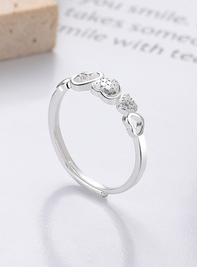 S925银时尚日韩简约镂空爱心锆石高级感潮流设计开口戒指女