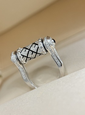 S925纯银 可转动黑色珐琅格纹滚筒满钻戒指男女同款霸气高级感时