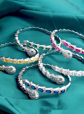 新品复古蛇形微镶彩色石手镯戒指套装多色女式宴会配饰跨境