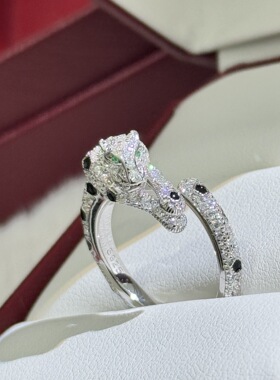 S925纯银 豹子满钻珐琅开口戒指均码可调节镶嵌高碳钻闪钻戒指