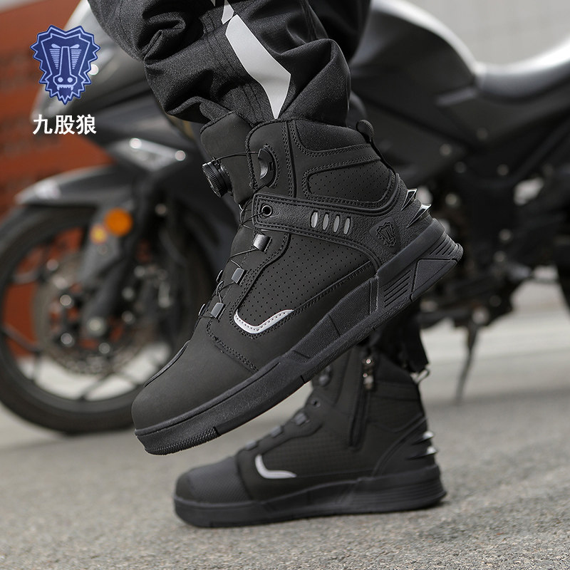 真皮黑色摩托车骑行鞋男款春夏季透气复古板鞋摩旅机车装备骑行靴