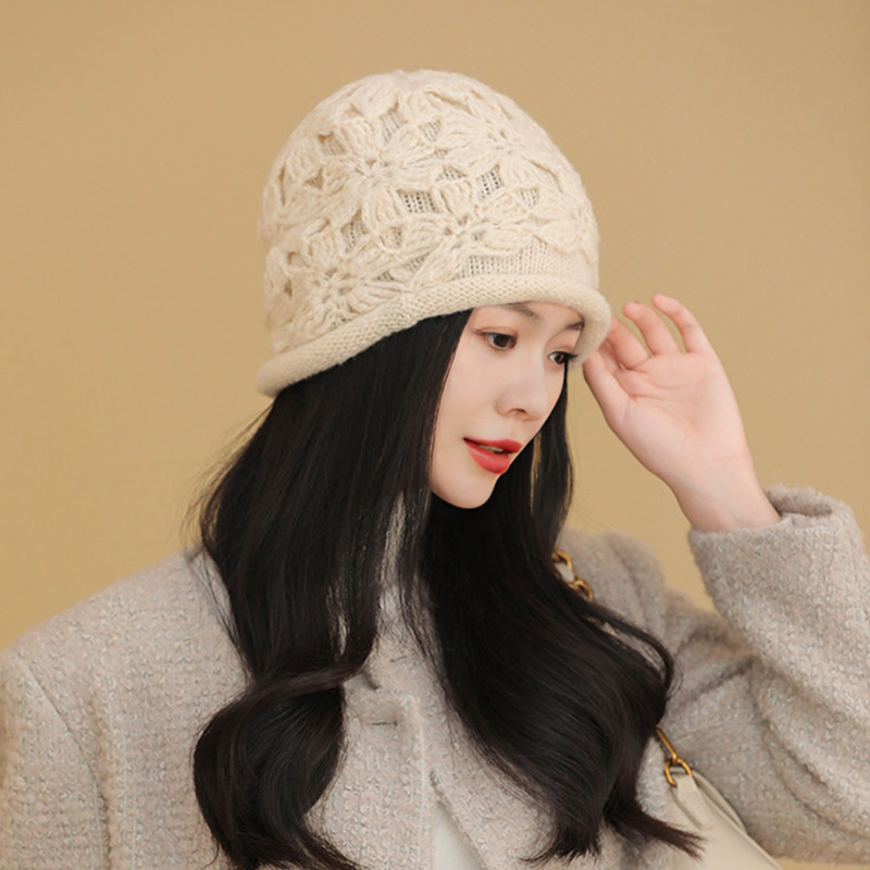新款手工钩花双层加厚卷边针织帽