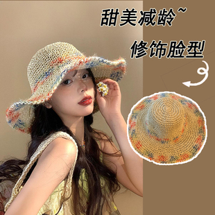 彩色编织草帽女夏季海边度假遮阳防晒帽透气镂空大帽檐显脸小帽子