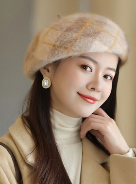 贝雷帽女秋冬帽子户外南瓜帽潮护耳保暖帽休闲兔毛羊毛套头帽