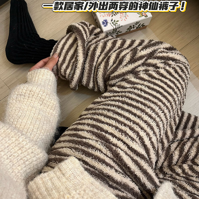 半边绒休闲睡裤女秋冬季长裤韩版加绒加厚保暖条纹家居裤子可外穿
