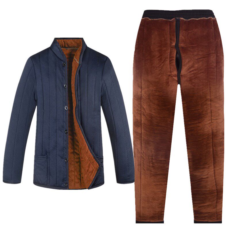 아빠 보온 속옷 세트 남자 벨벳 두꺼운 더블 브레스트 재킷 할아버지 면 코트 내부 및 외부 착용 면 재킷 겨울 착용 면 바지