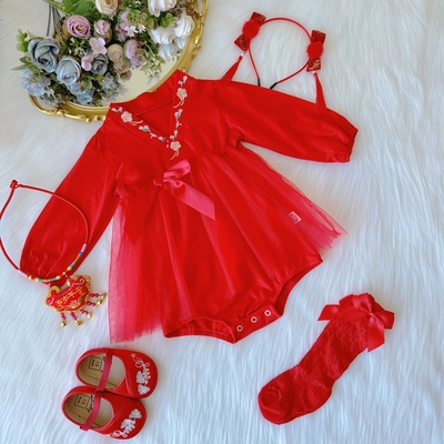 满月婴儿衣服女孩夏季红色百日宴公主裙女宝宝一周岁礼服秋季长袖