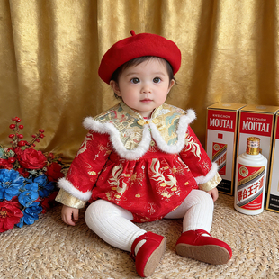 周岁女宝礼服冬季中式红色喜庆风小公主女宝宝婴儿生日抓周宴衣服