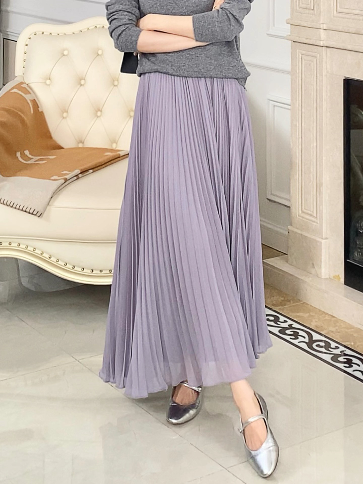 【风中舞】春款雪纺高腰A字半身裙女松紧腰时尚百搭荷叶边百褶裙