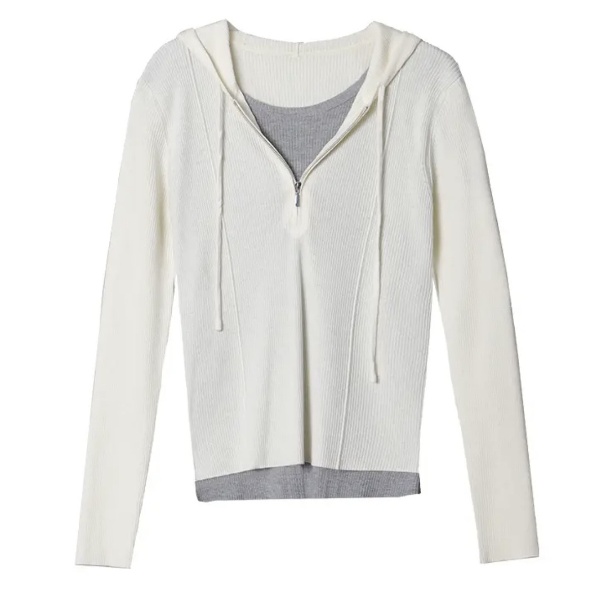 【轻奢帽衫】春新款百搭撞色拼接连帽针织衫女修身假两件上衣打底