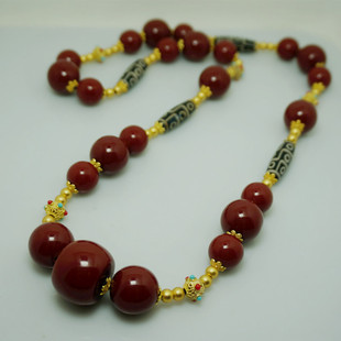 民族风藏装配饰 藏式天珠仿珊瑚牛血红大珠珠项链毛衣链 拍照项链