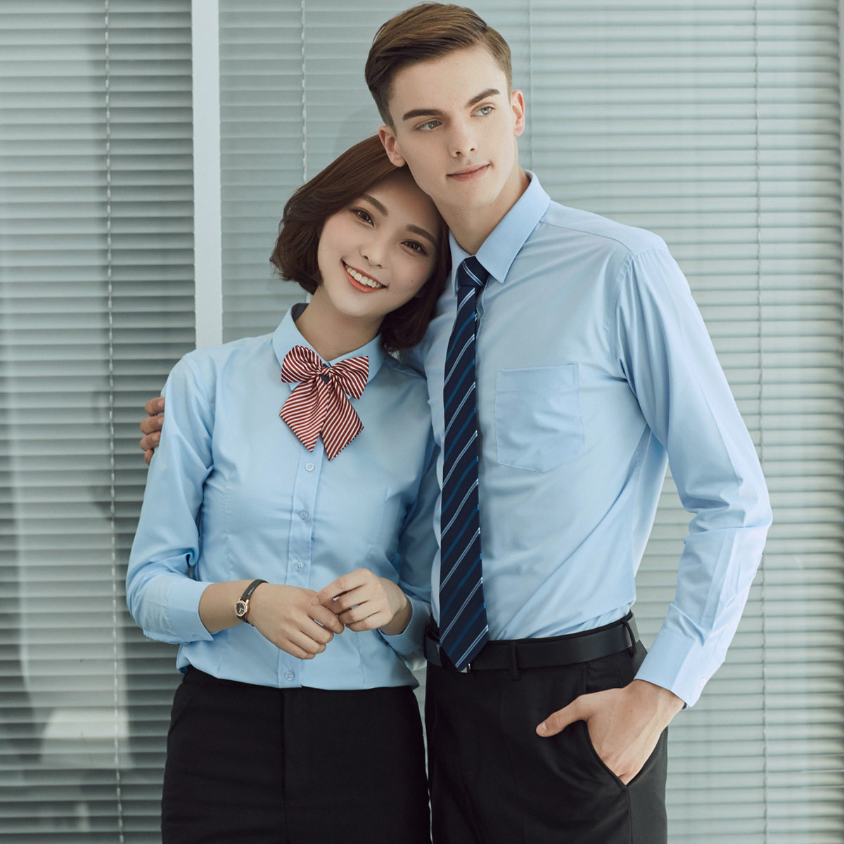 新款职业衬衫长袖韩版修身上衣商务面试正装工作黑衬衫男女同款