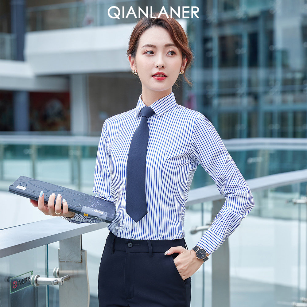 条纹职业衬衫女长袖定制工作服面