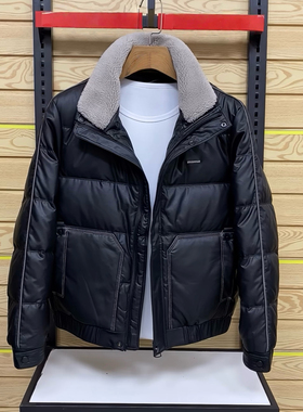 高端白鸭绒皮羽绒服男冬季潮牌2025新款修身短款男士加厚翻领外套